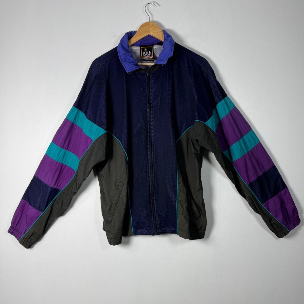 90s Vintage USA Olympic Mens Large Windbreaker Jacket Purple Navy Colorblock